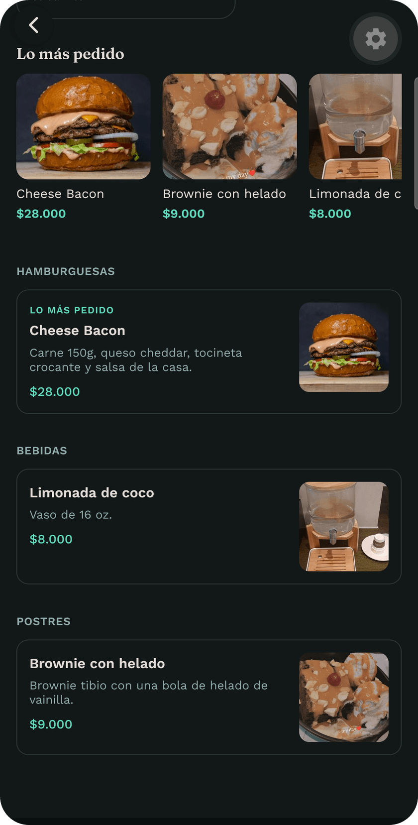 La carta de un restaurante dentro de la app de Tratto